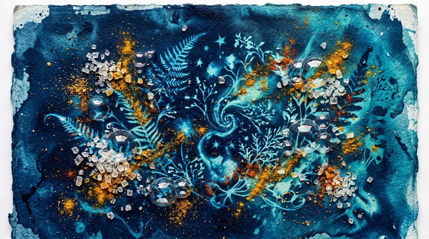 Cianotipia húmeda experimental con texturas de sal marina y cúrcuma sobre papel de algodón