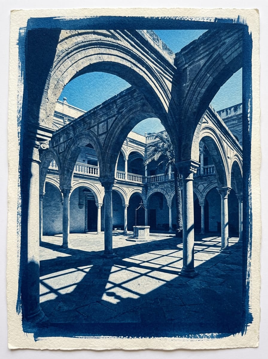 Obra Solar 1/1 «Geometría & Luz» · Fotografía Solar en Azul de Prusia sobre Papel de Acuarela (A4) - Obra Solar 1/1