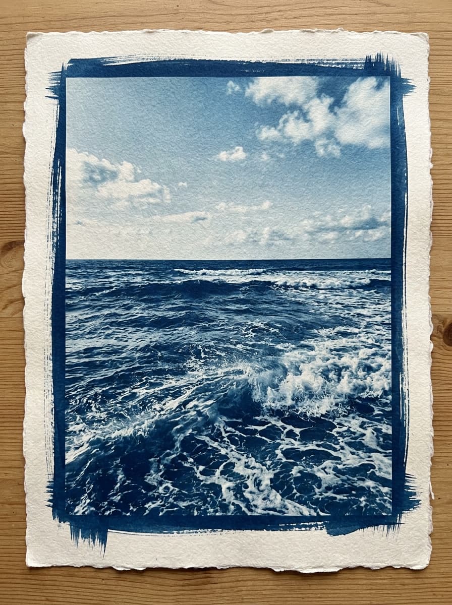 Obra Solar 1/1 «Quietud Atlántica» · Gráfica Solar de Autor en Azul de Prusia (A5) - Obra Solar 1/1