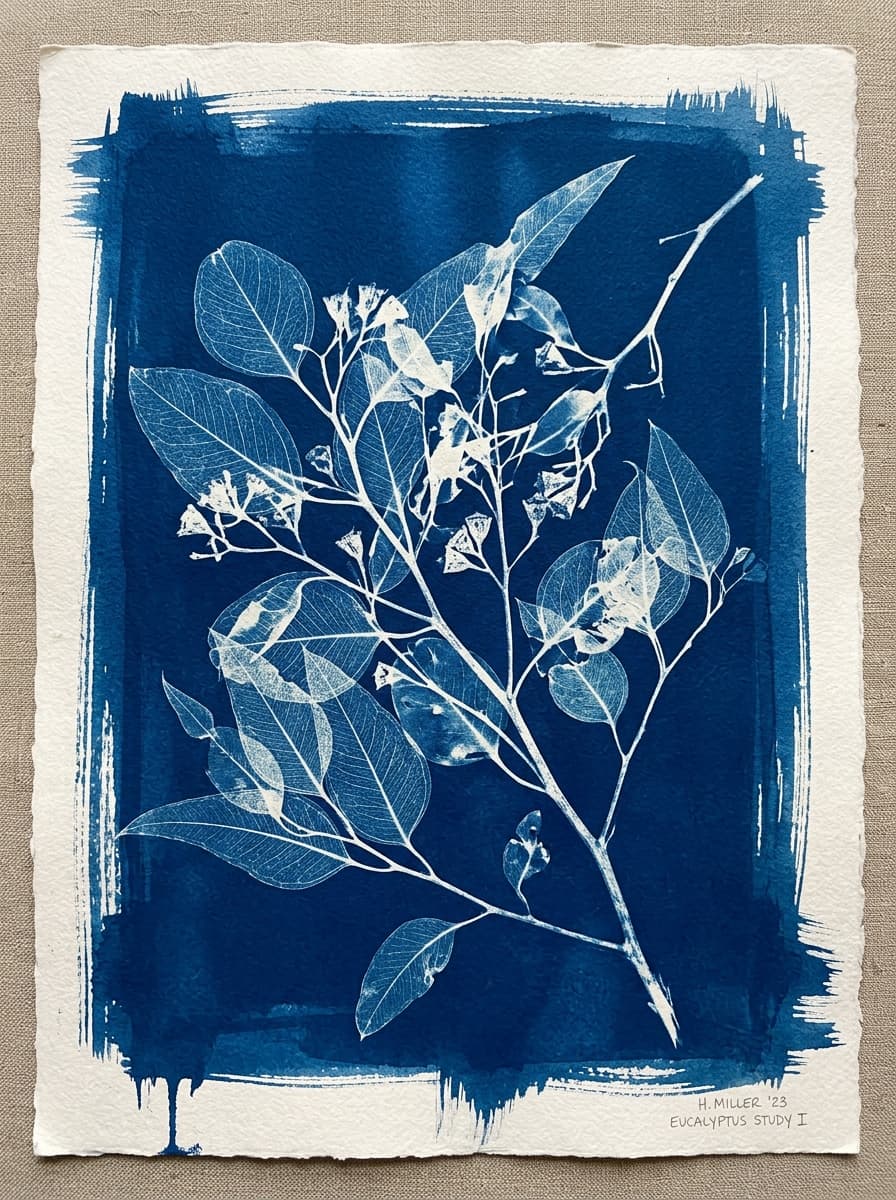 Obra Solar 1/1 «Eucalipto de Campo» · Huella Botánica Original en Azul de Prusia (A5) - Obra Solar 1/1