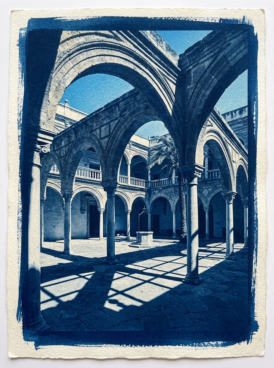 Obra Solar 1/1 «Geometría & Luz» · Fotografía Solar en Azul de Prusia sobre Papel de Acuarela (A4) - Obra original 1/1 en cianotipia solar