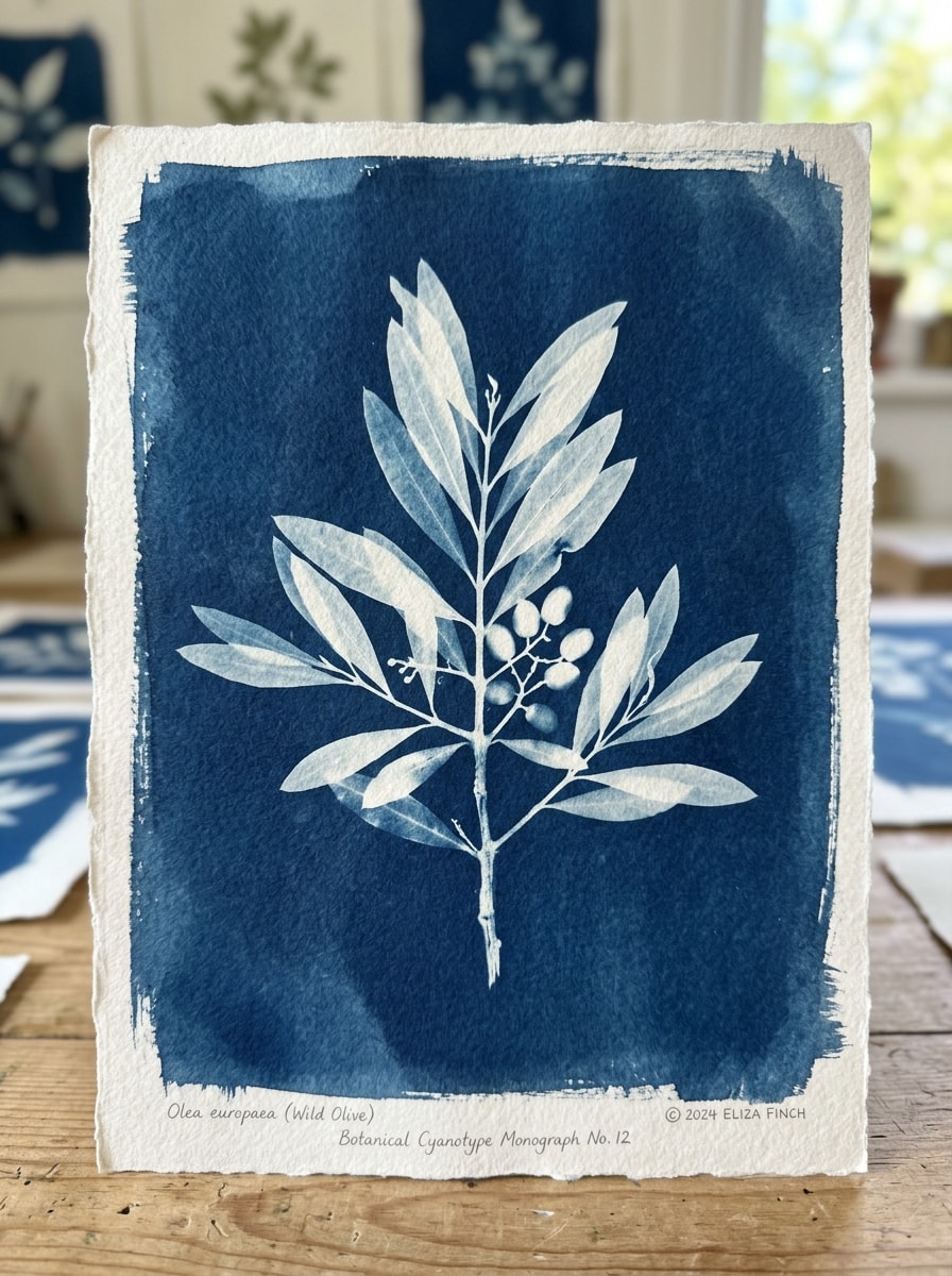 Obra Solar 1/1 «Rama de Olivo Marino» · Huella Botánica Original en Azul de Prusia (A5) - Obra original 1/1 en cianotipia solar