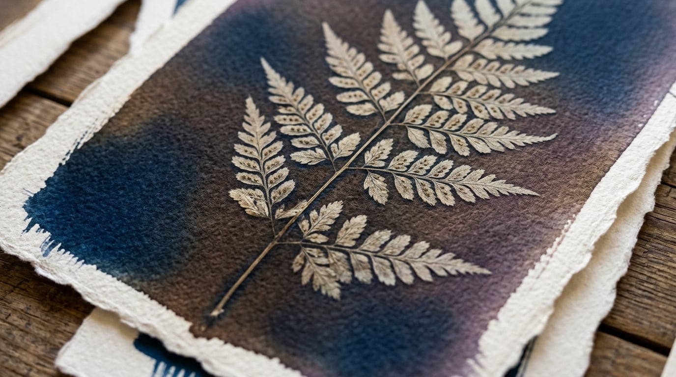 Viraje de cianotipia con té y café tonos sepia y chocolate cálido en papel de acuarela